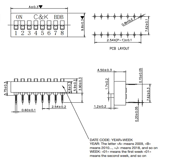 Mechanical Drawing - C&K Switches BDB Standard Profile DIP Switches